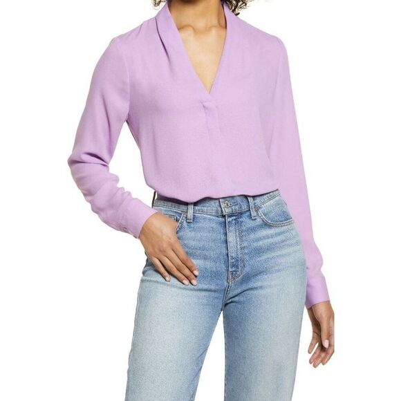 HALOGEN PURPLE BUTTON DOWN BLOUSE SZ.L EUC - Picture 1 of 6